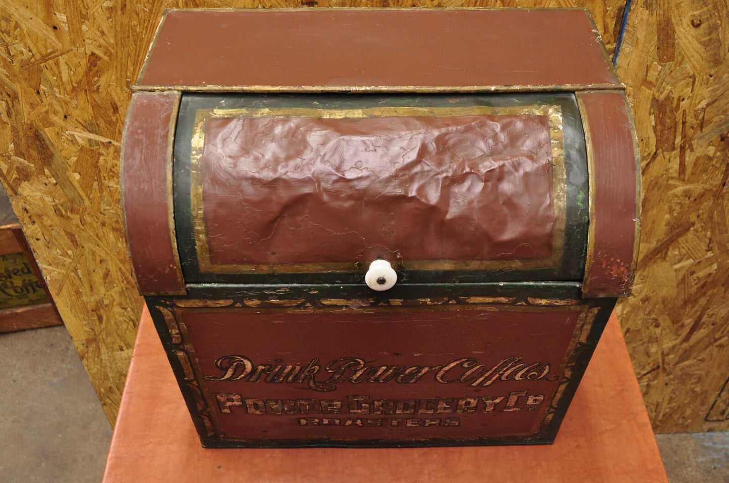 Antique Power Coffee Tin Rolltop Red Tea Hopper General Store Spice Bin Display