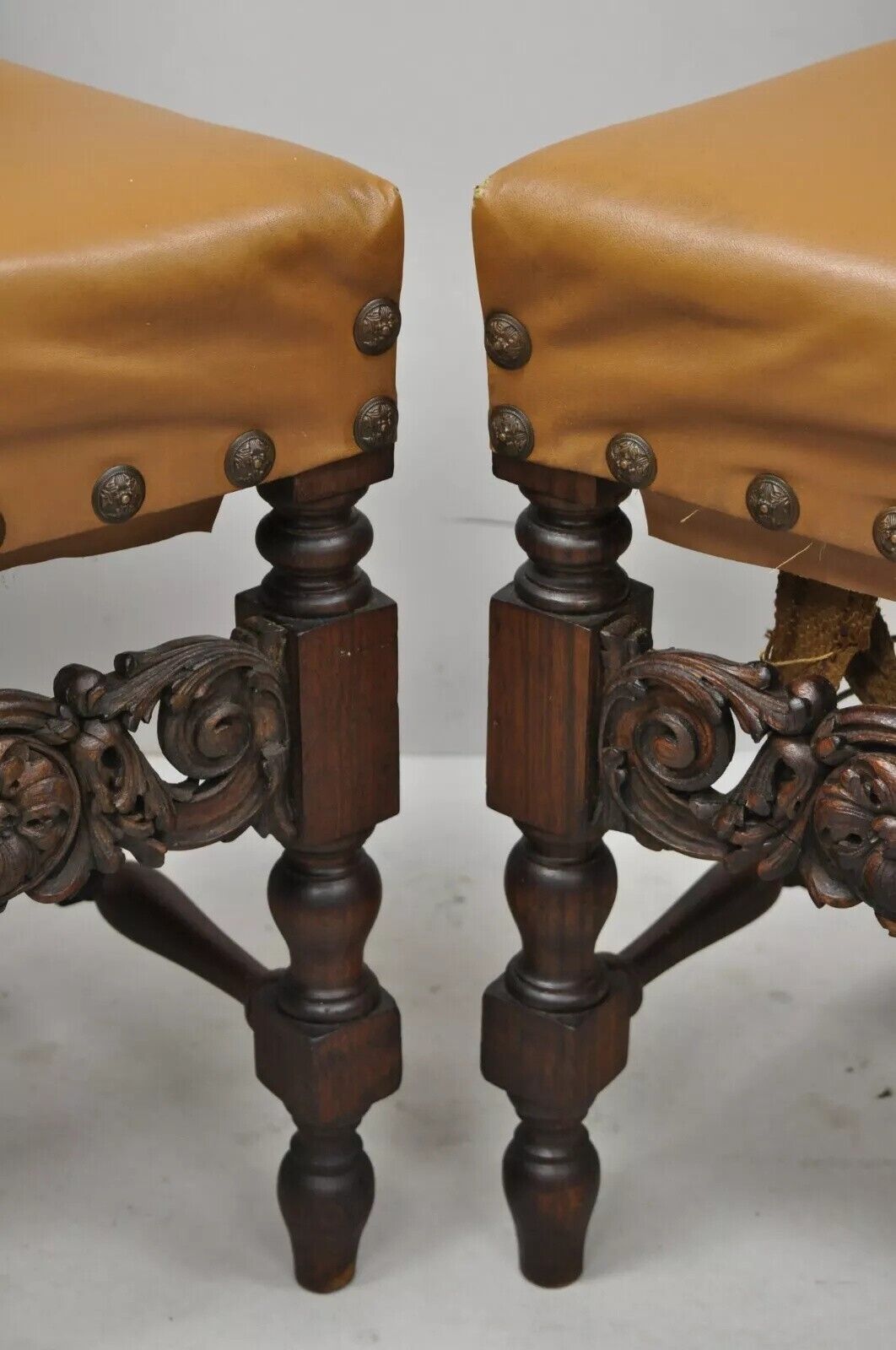 Antique 19th C. Italian Renaissance Carved Walnut High Back Side Chairs - a Pair