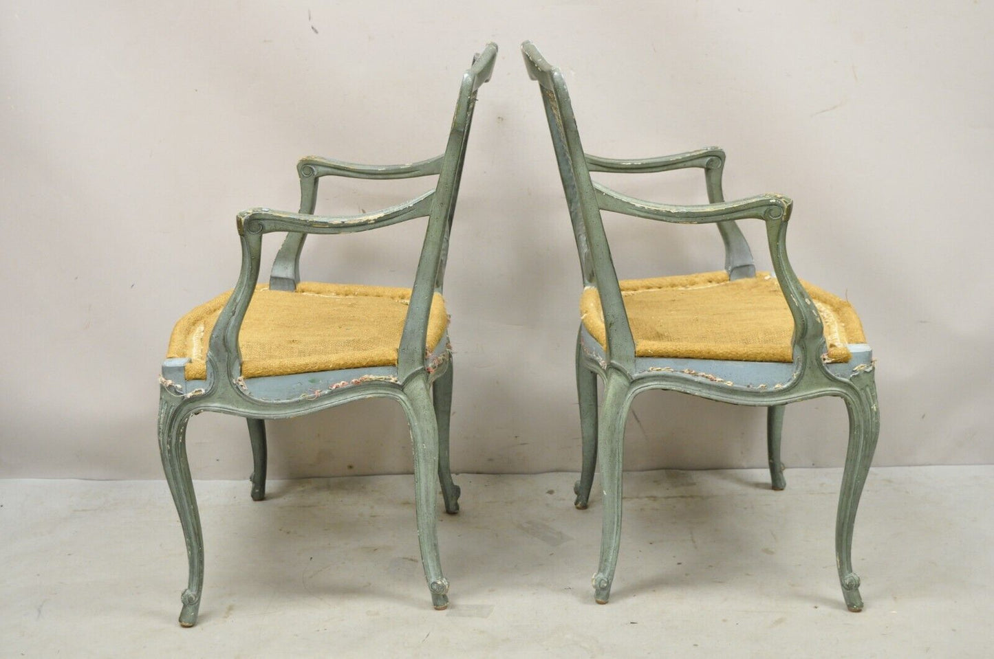 Pair Vintage French Louis XV Style Blue Painted Cane Back Fauteuil Arm Chairs