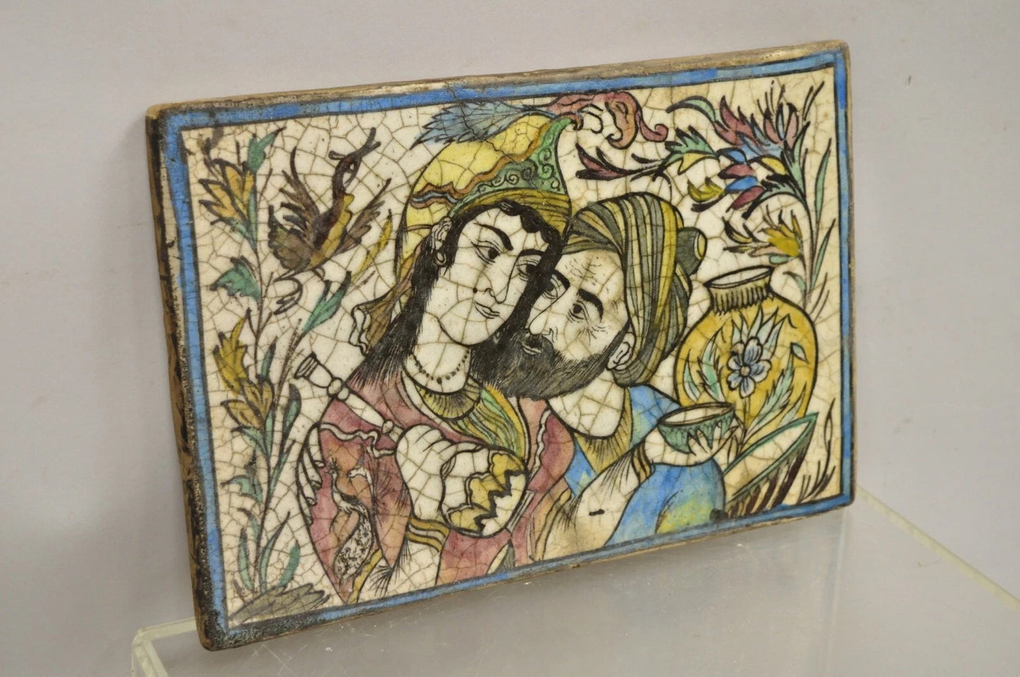 Antique Persian Iznik Qajar Style Ceramic Pottery Tile Bearded Man and Woman C2