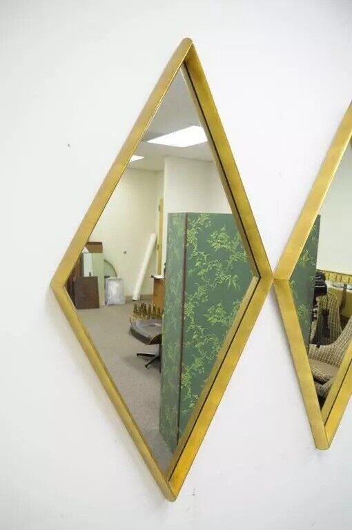 Hollywood Regency Diamond Shaped Deep Wood Frame Gold Leaf Wall Mirrors - Pair