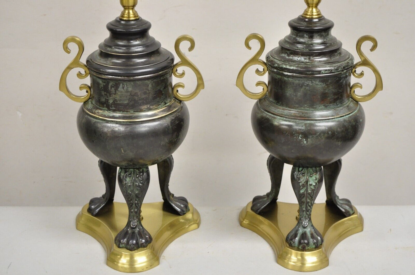 Chinoiserie Asian Verdigris Green Bronze Censor Table Lamp by Wildwood - a Pair