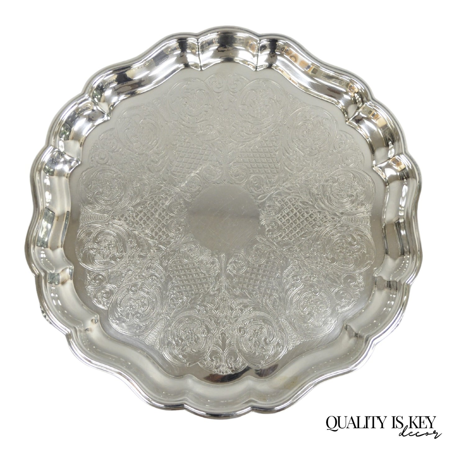 Vintage Sheridan Victorian Silver Plated Footed Round Serving Platter Bar Tray