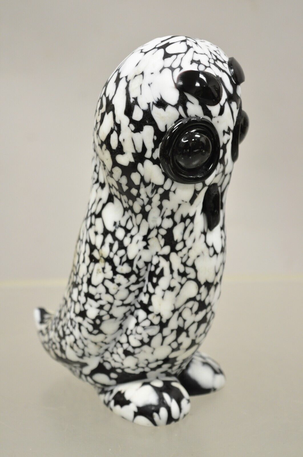 Vtg Italian Mid Century Heavy Art Glass Owl Figure Paperweight Black and White