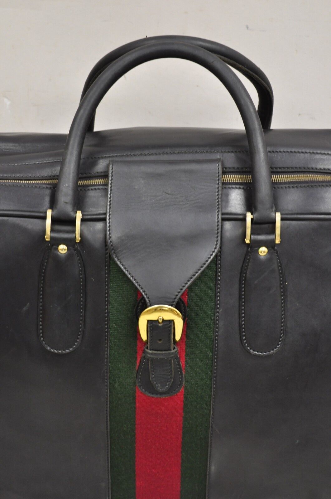 Vintage Gucci Large Black Leather Suitcase Luggage Travel Bag Green Red Webbing