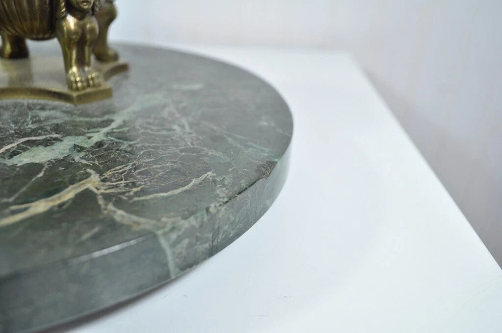 Antique French Empire Figural Bronze Sphinx Green Marble Desk Top Double Inkwell