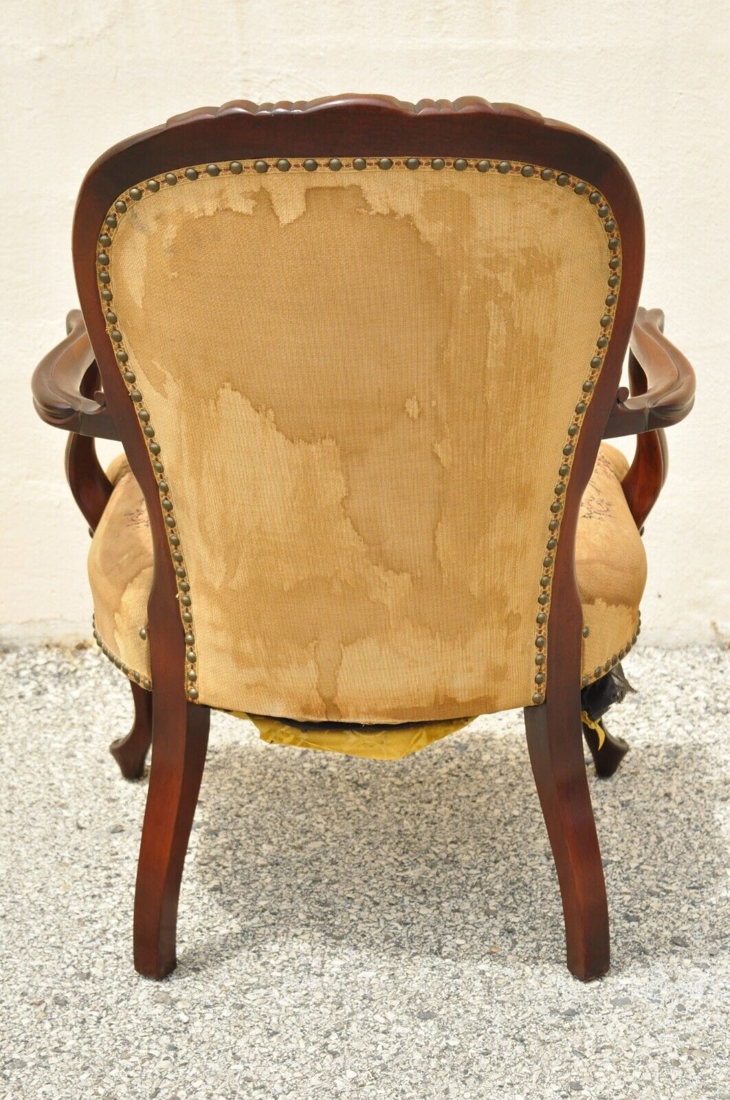Vintage French Victorian Style Carved Mahogany Frame Lounge Arm Chair