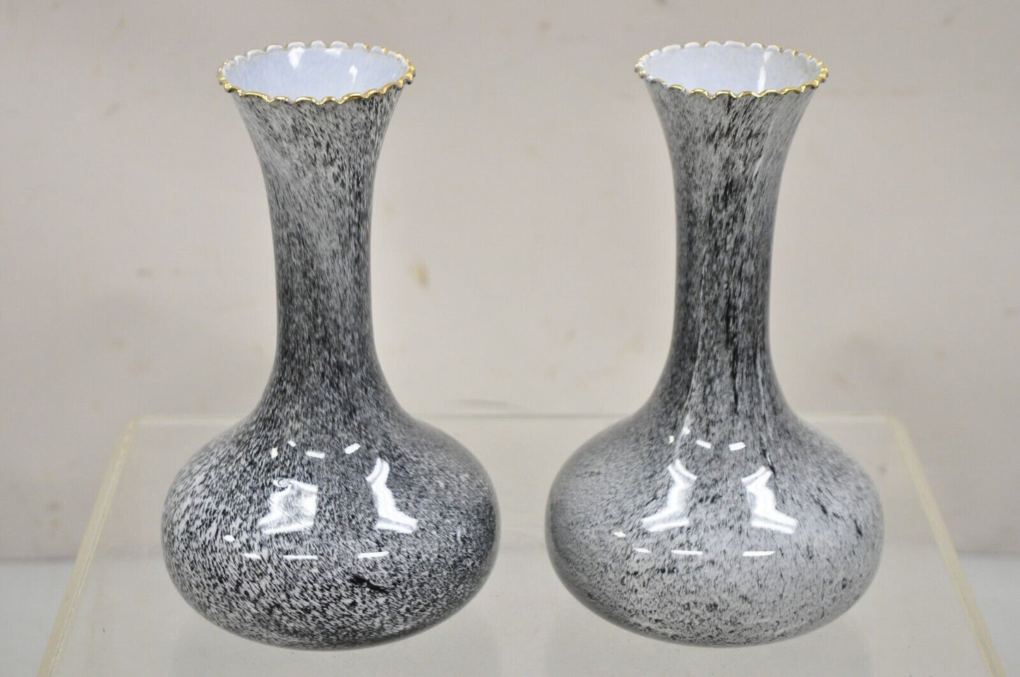Vintage Mid Century Italian Modern Speckled Grey Glass Fluted 10" Vase - a Pair