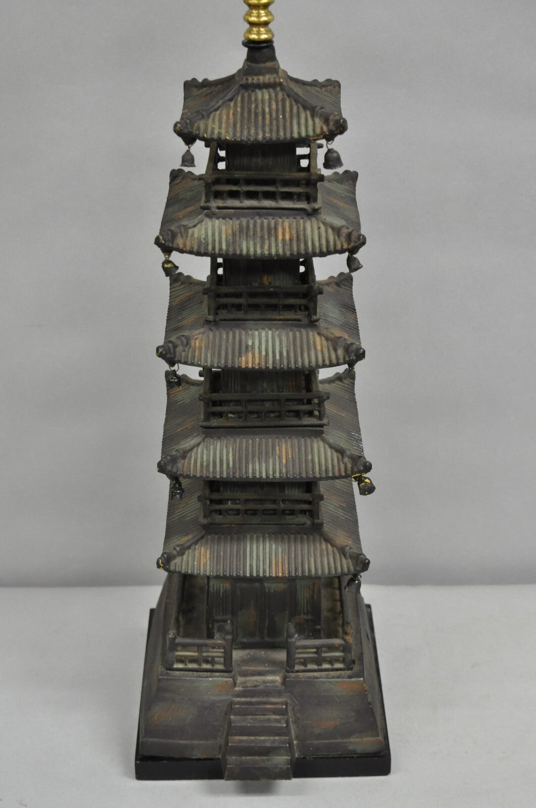 Vintage Chinoiserie Cast Iron Chinese Buddhist Pagoda Temple Table Lamp