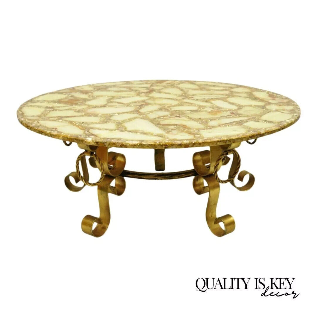 Hollywood Regency Gold Iron Scroll Agate Stone Specimen Resin Top Coffee Table