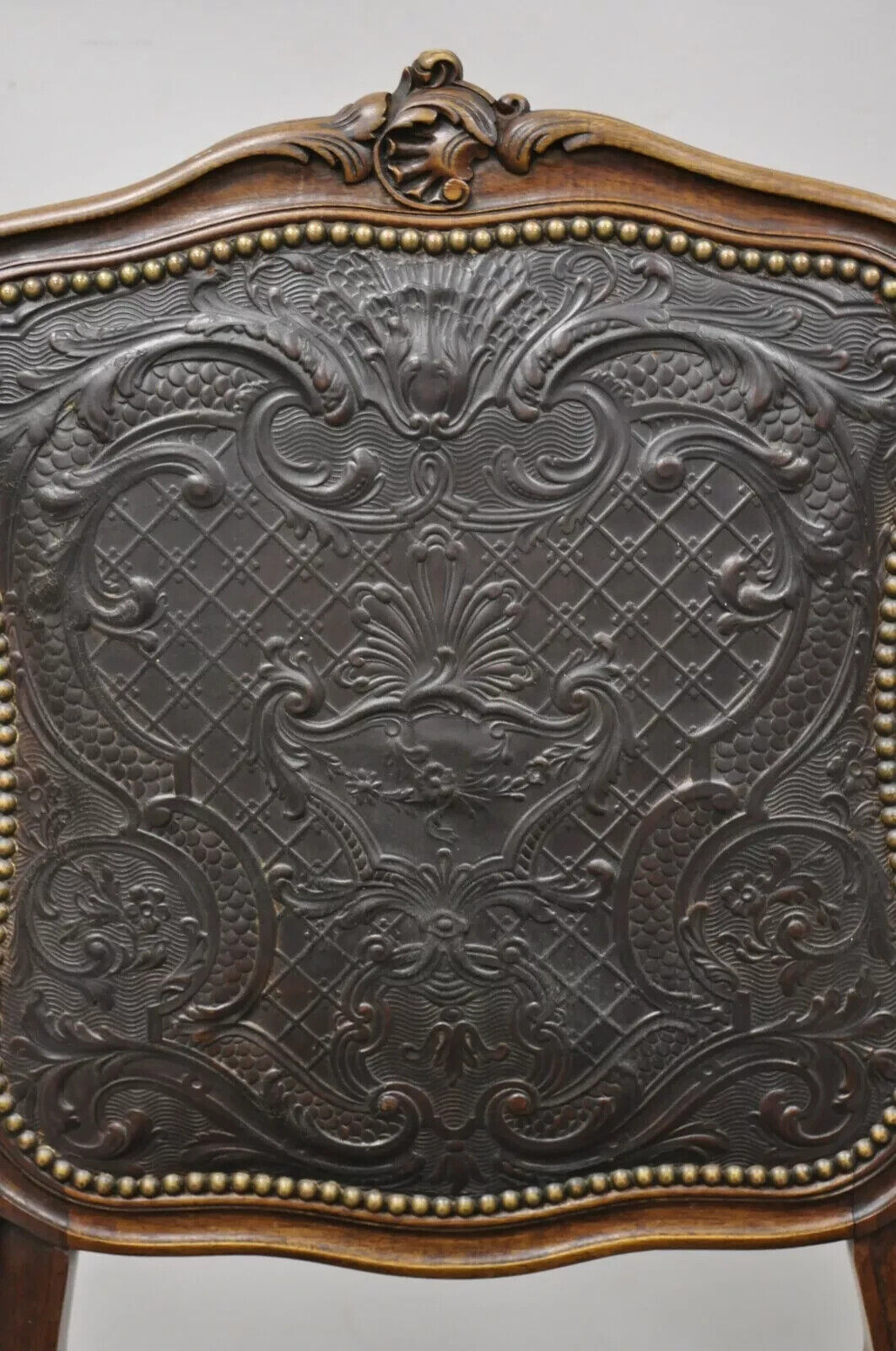 Antique French Louis XV Style Brown Embossed Leather Walnut Side Chair (C)