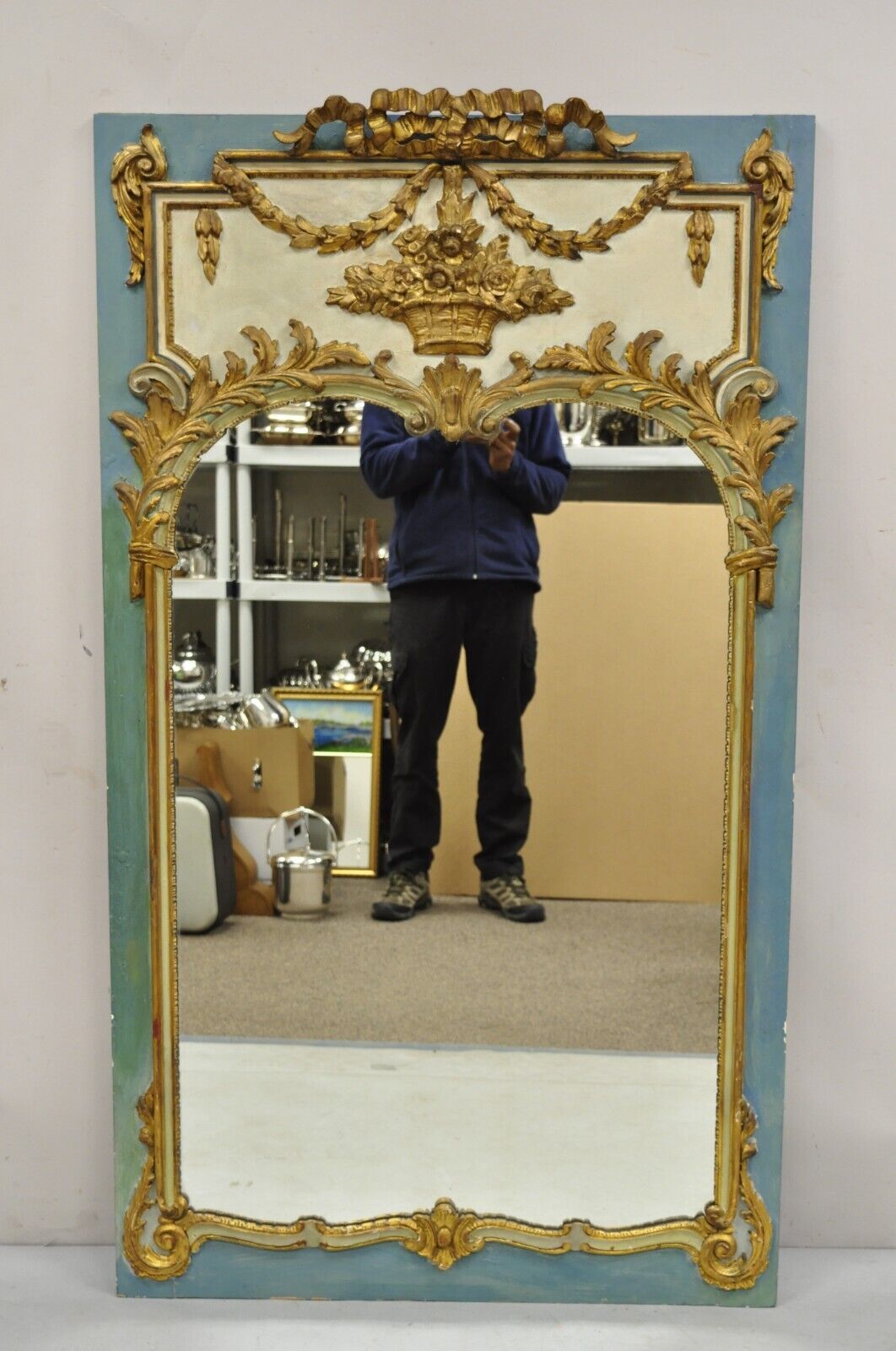 Antique French Louis XV Style Floral Bouquet Blue Distress Painted Wall Mirror