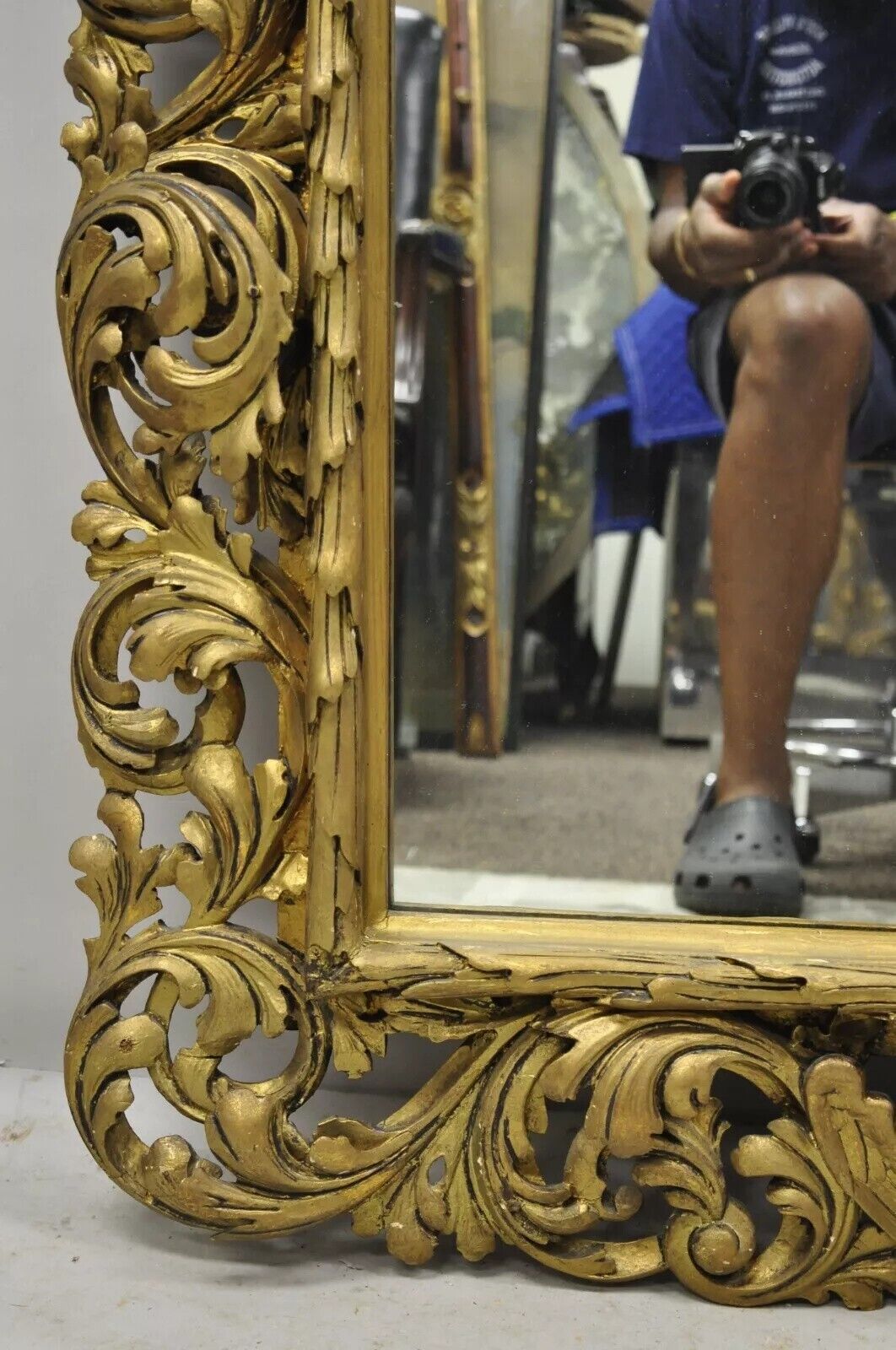 19th C French Rococo Gold Giltwood Relief Carved Wood Acanthus Leaf Wall Mirror