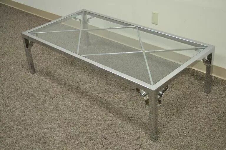 Mid Century Modern Chrome X-Frame Glass Top Hollywood Regency Coffee Table