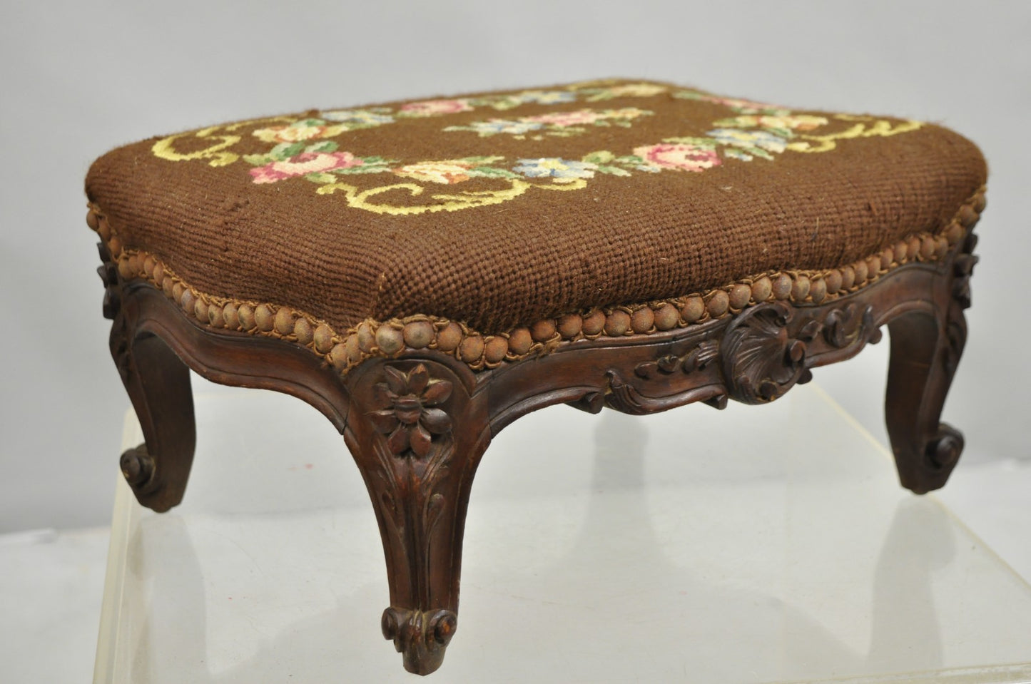 French Country Louis XV Carved Walnut Needlepoint Petite Footstool Ottoman