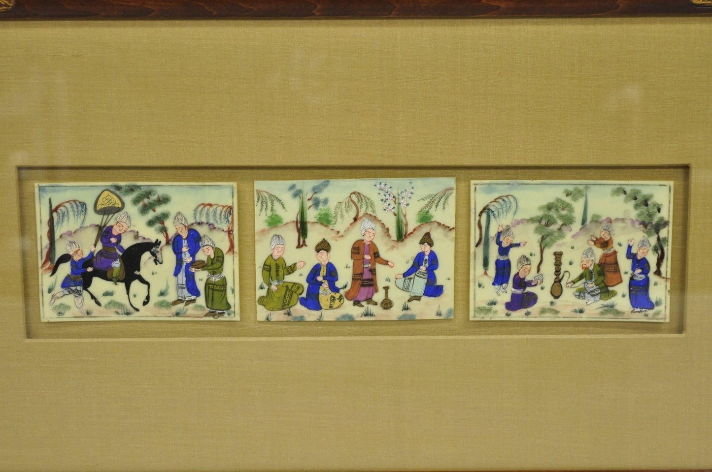 Vintage Persian Miniature Framed Hand Painted 3 Part Village Scene on Bone
