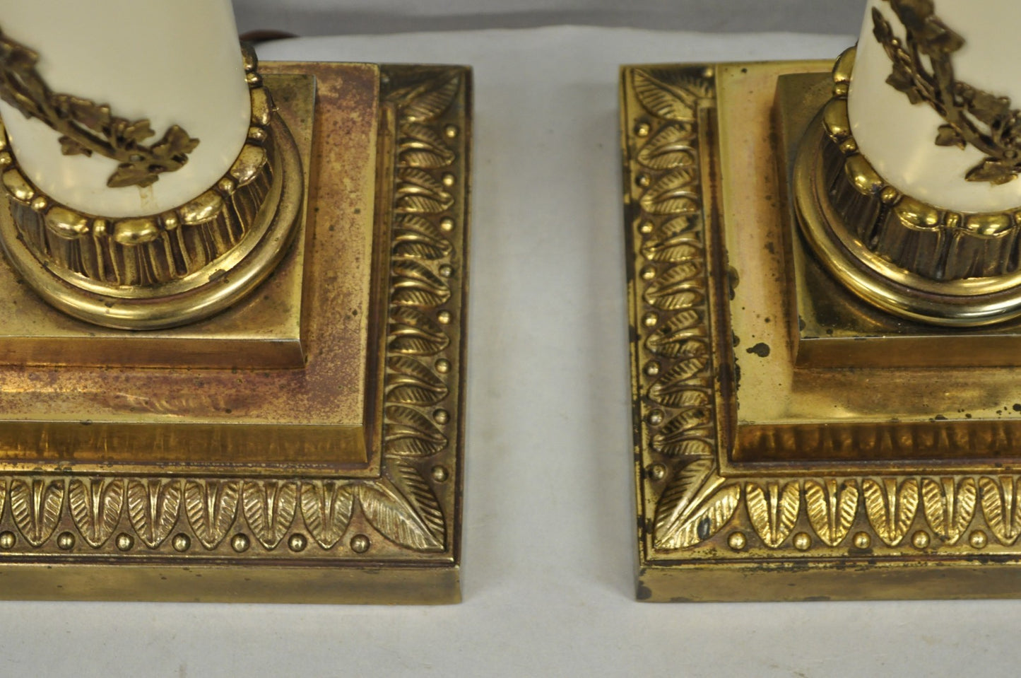 Vintage Stiffel Neoclassical Tall White Enamel Column Brass Table Lamps - a Pair