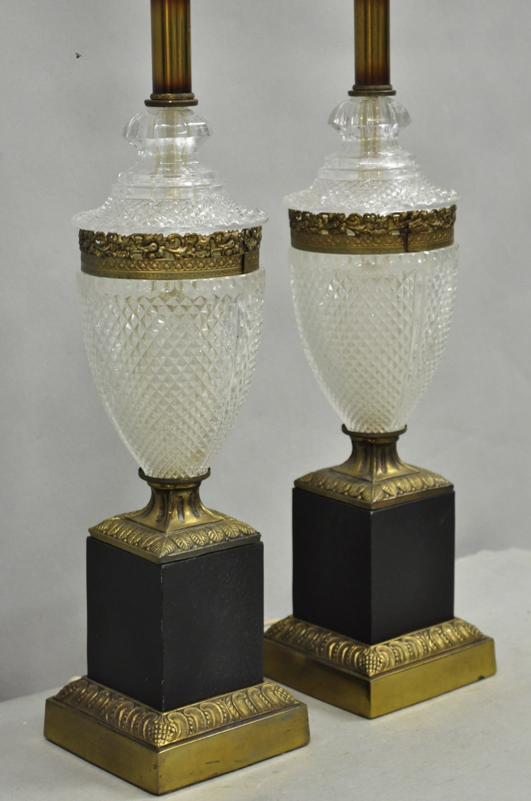 Vintage French Empire Hollywood Regency Cut Glass Crystal Urn Table Lamps - Pair