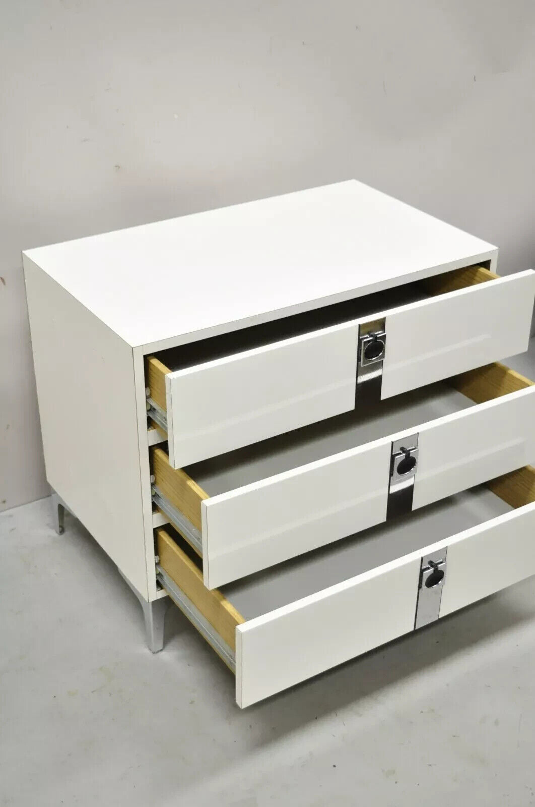 Contemporary Modern White Formica Chrome Trim 3 Drawer Chest Nightstand Table