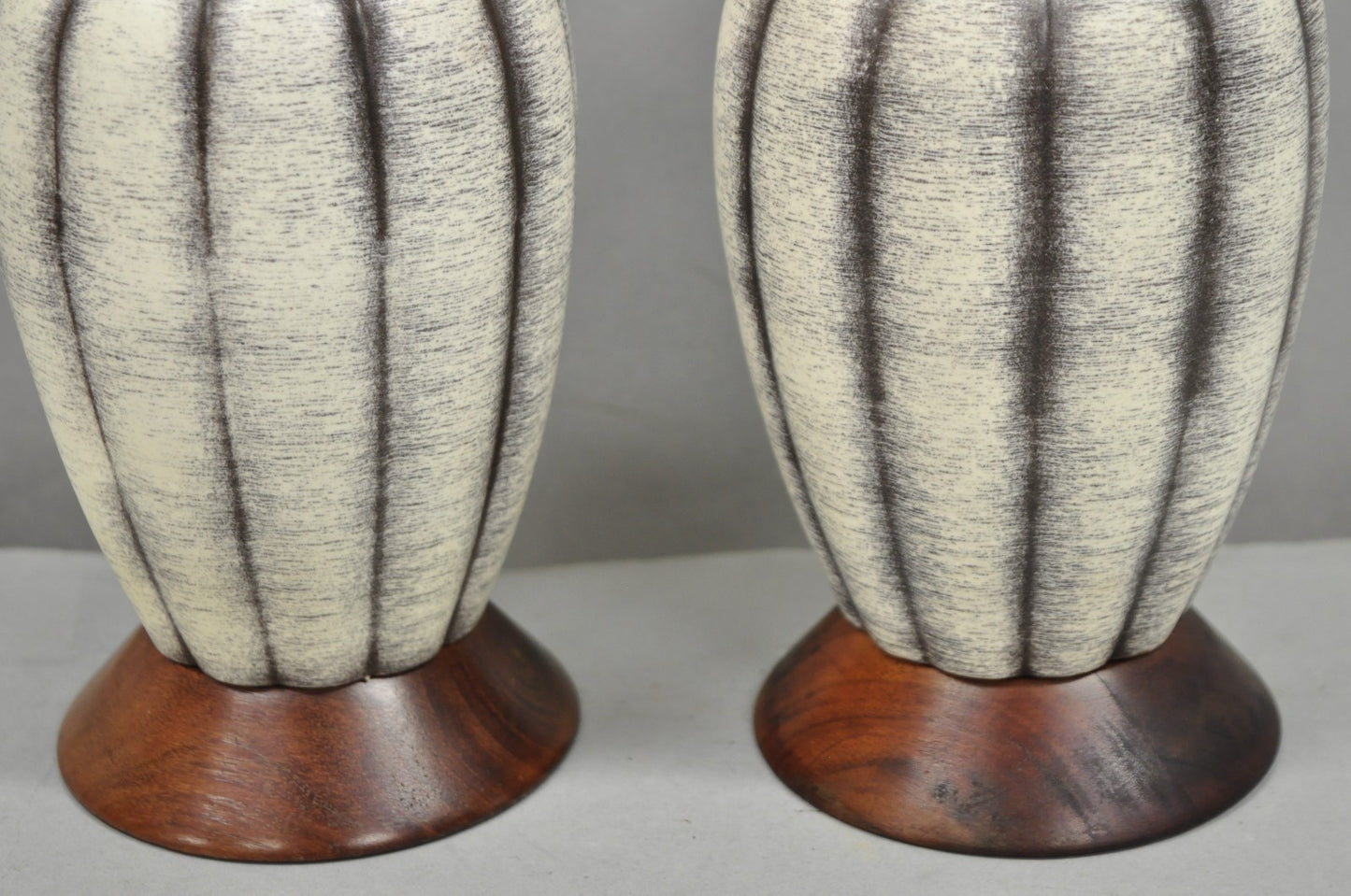 Vintage Mid Century Modern Walnut & Ceramic Small Sculptural Table Lamps - Pair