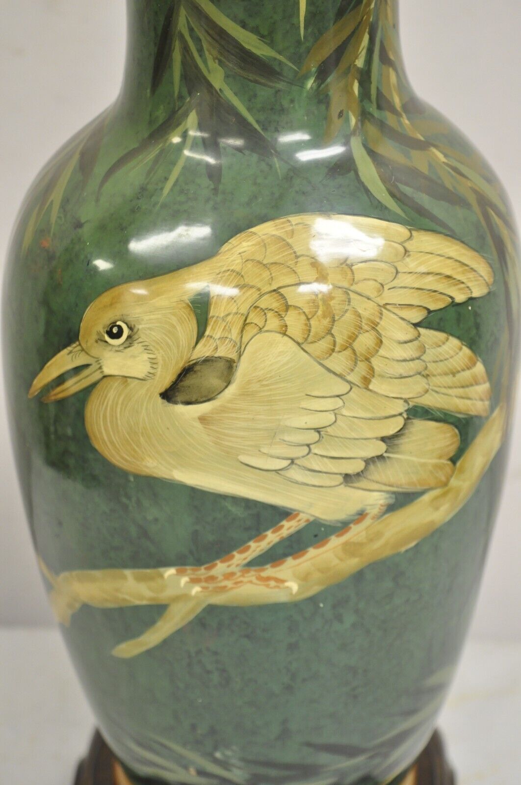 Vintage Chinoiserie Green Porcelain Jardiniere Table Lamp w/ Birds by Wildwood