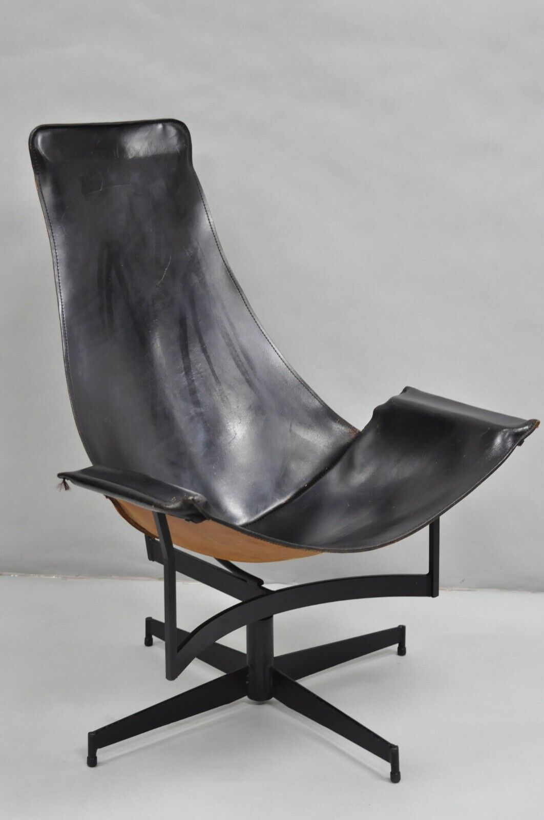 William Katavolos Mid Century Modern Black Leather Sling Steel K Lounge Chair