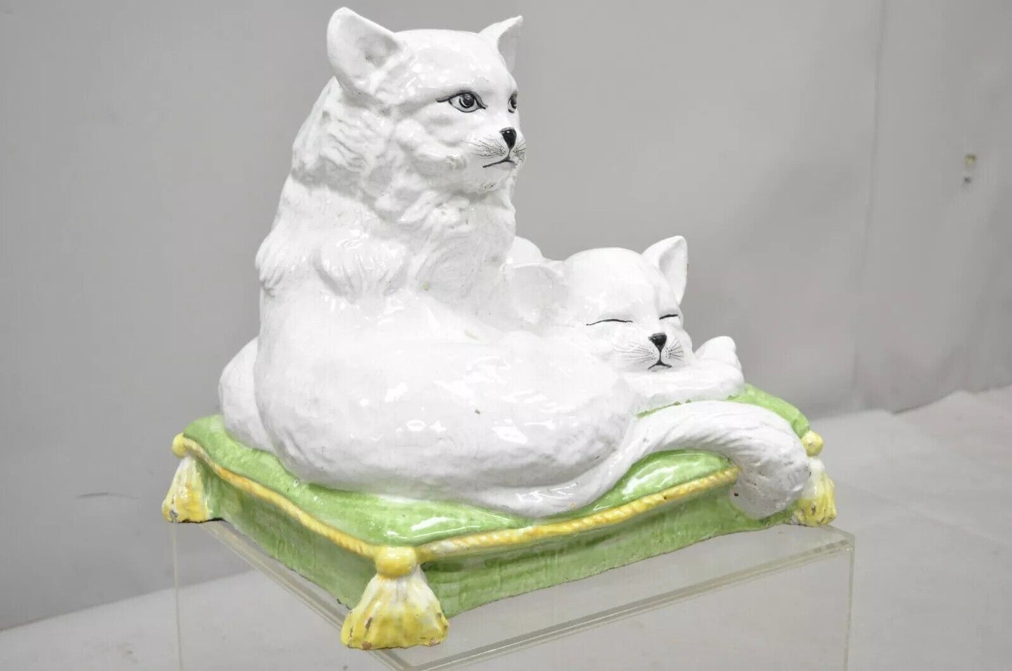 Vintage Italian Hollywood Regency Glazed Terracotta Statue Two Cats on Pillow