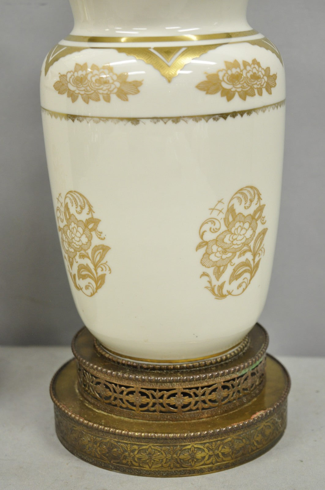 Vintage Victorian Cream & Gold Gilt Porcelain Table Lamps attr Lenox - a Pair