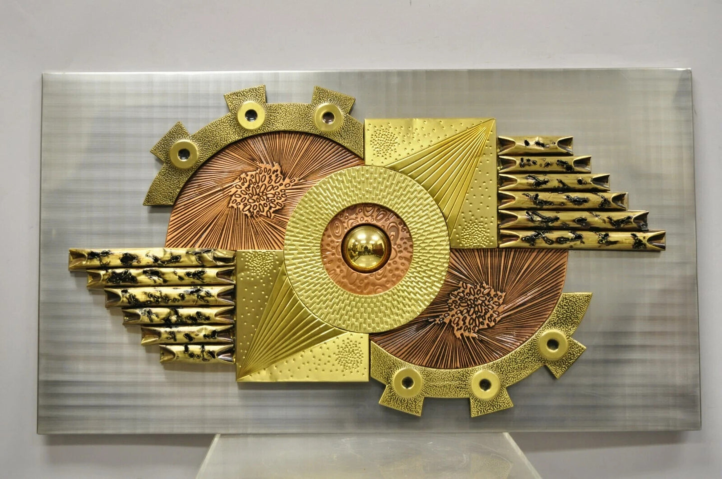 Vintage Stephen Chun Mid Century Modern Brutalist Brass Copper Abstract Wall Art