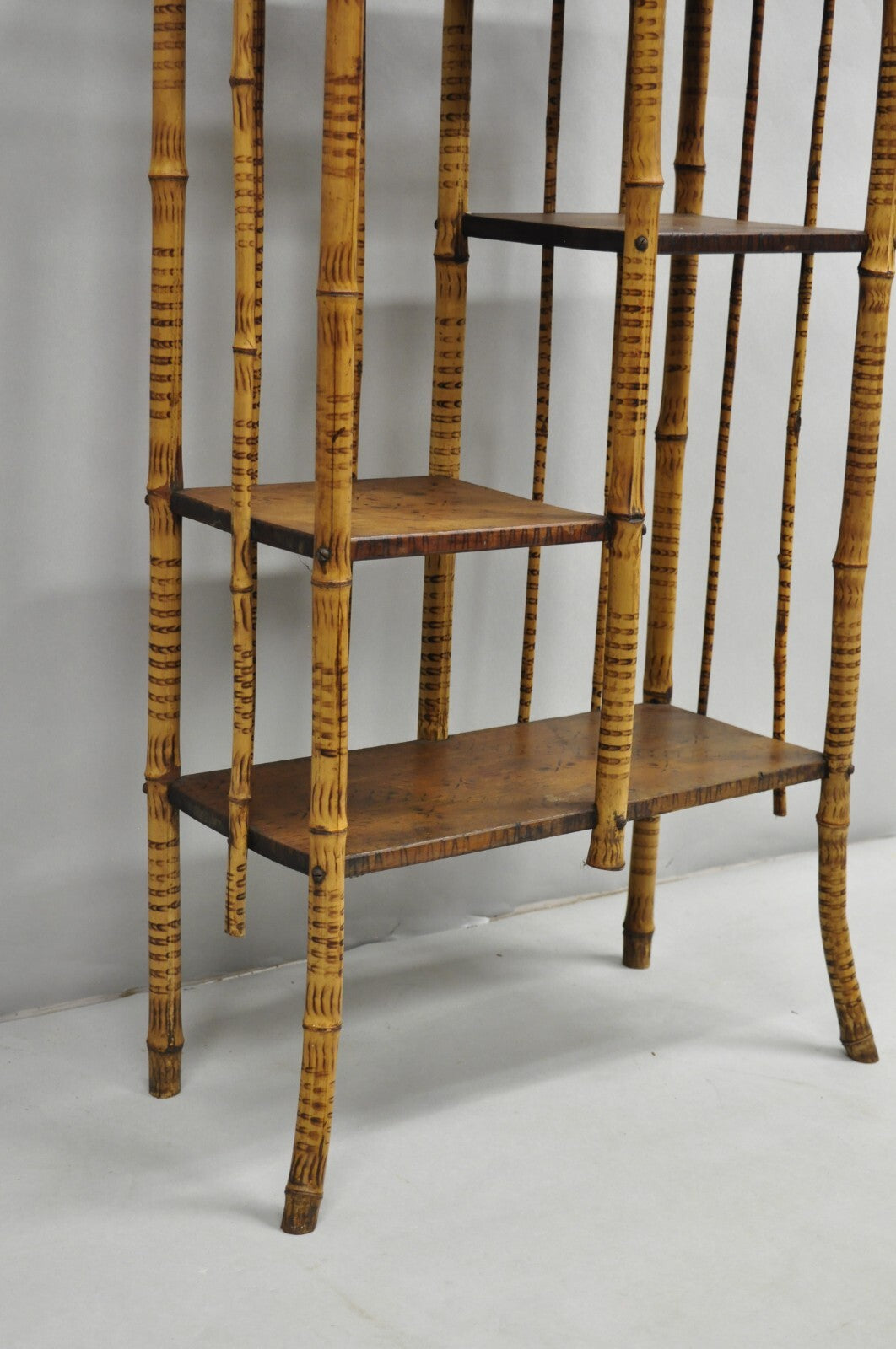 Antique English Victorian Stick and Ball Burnt Bamboo Curio Etagere Shelf Mirror