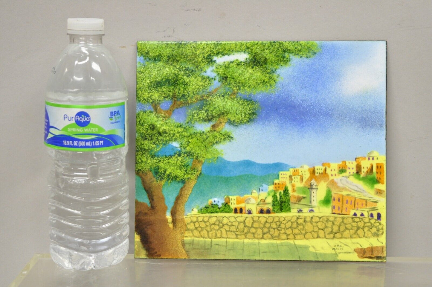 Den Moshe Signed Enamel on Copper Small Painting Yellow Countryside 7 x 8 Art