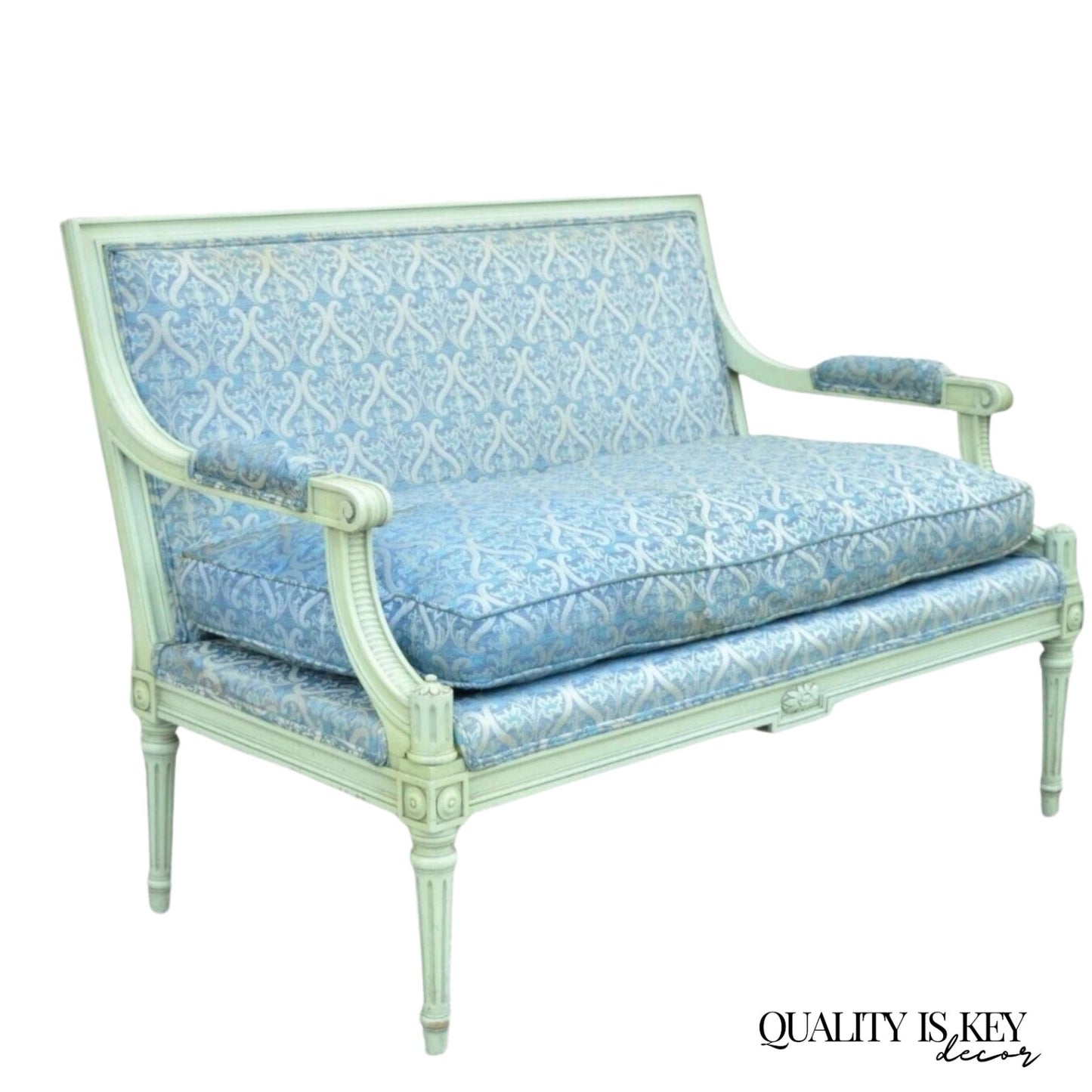 Vintage French Louis XVI Style Hollywood Regency Green Blue Settee Loveseat Sofa