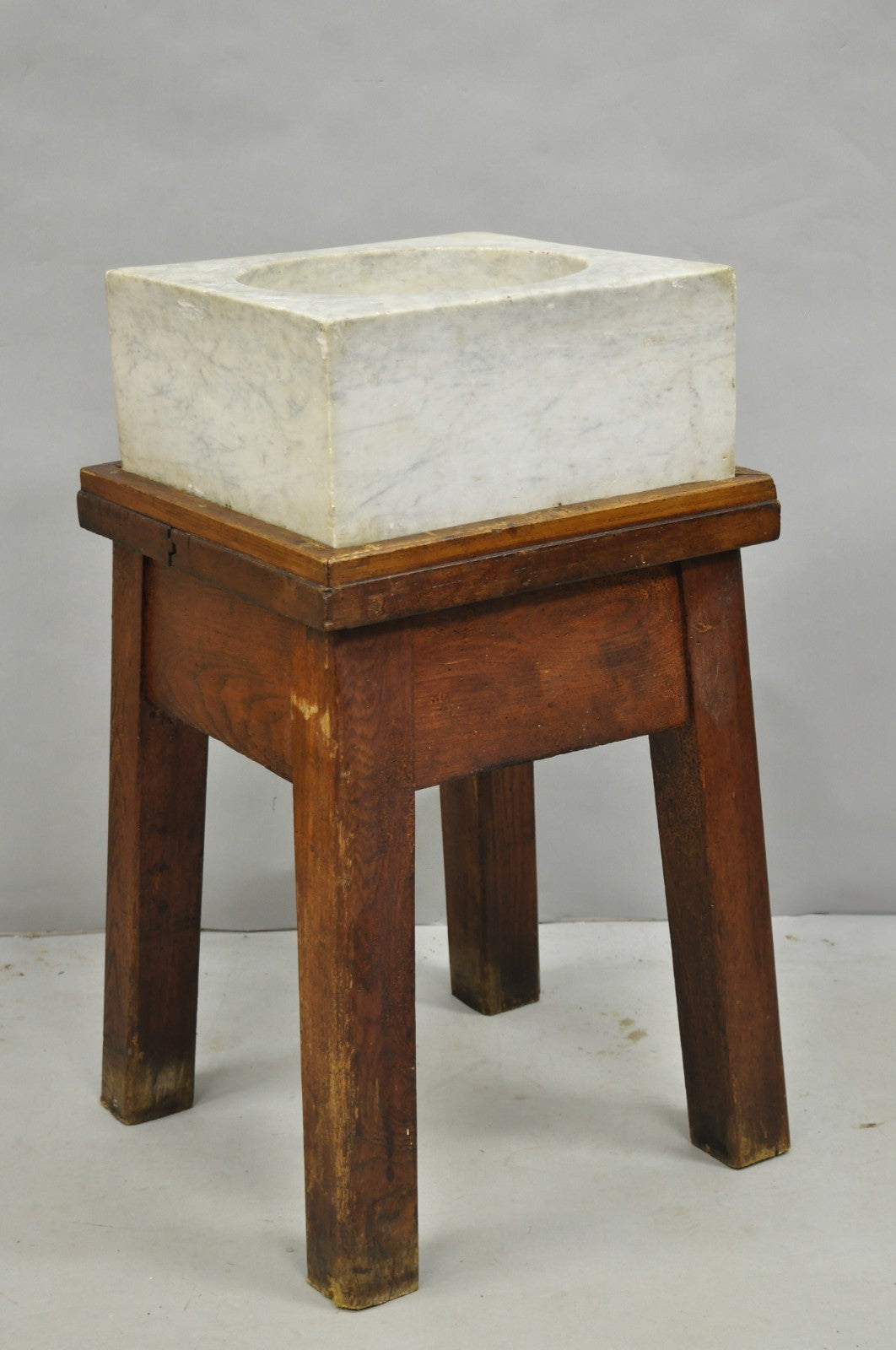 Antique French Country Primitive Carved Marble Mortar and Pestle on Wood Base