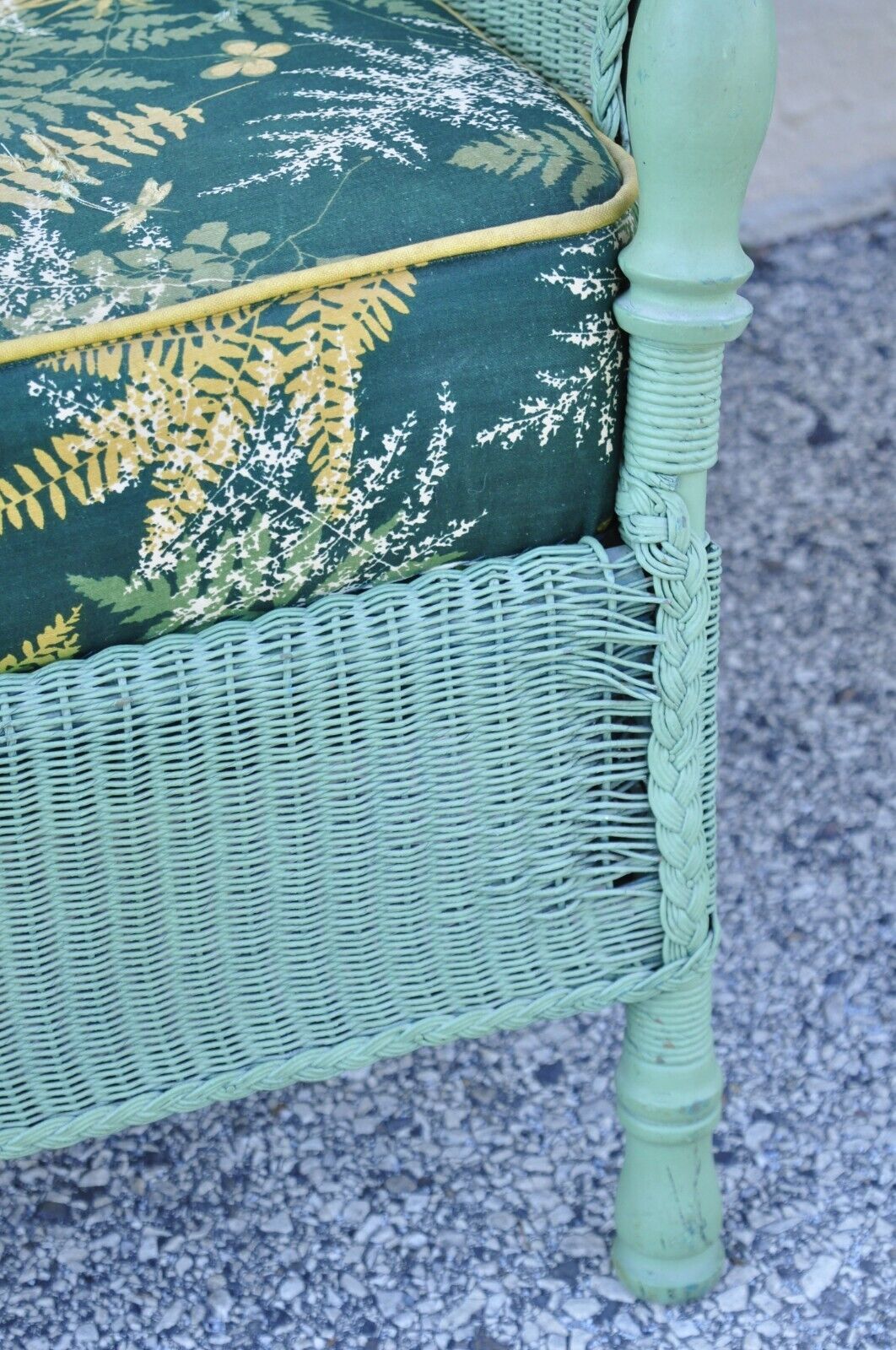Victorian Blue Green Woven Wicker Sunroom Sofa Rocking Chair Lounge Chair 3 Pcs