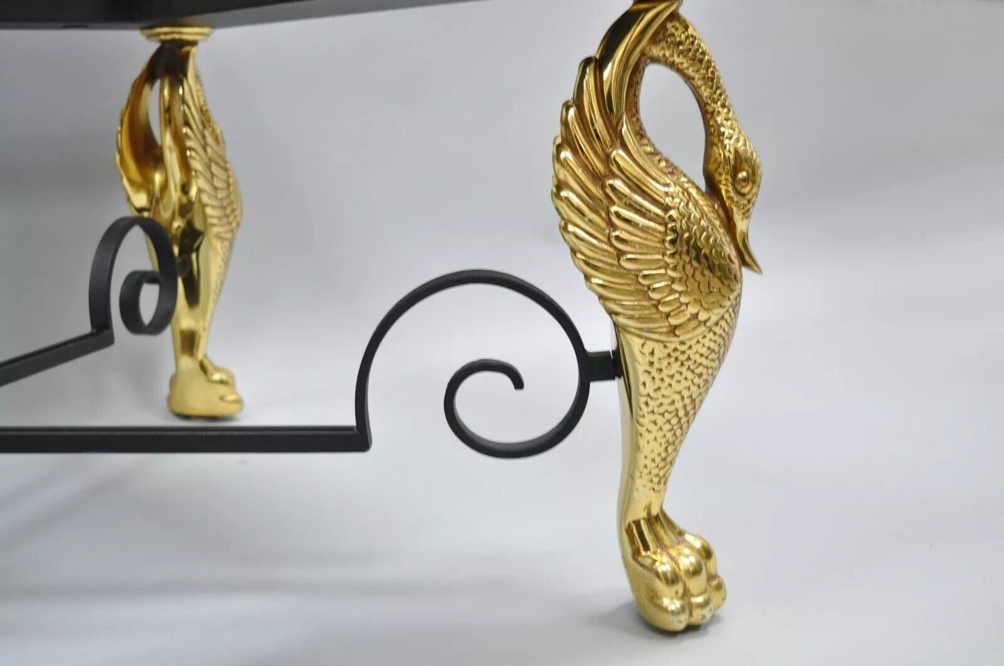 Regency Style Figural Swan Base Rectangular Iron and Glass Gold Coffee Table (A)