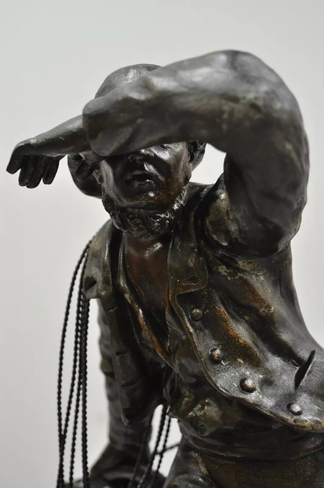Antique French Spelter Metal Sailor Watchman on Ship Wooden Base, Made in France