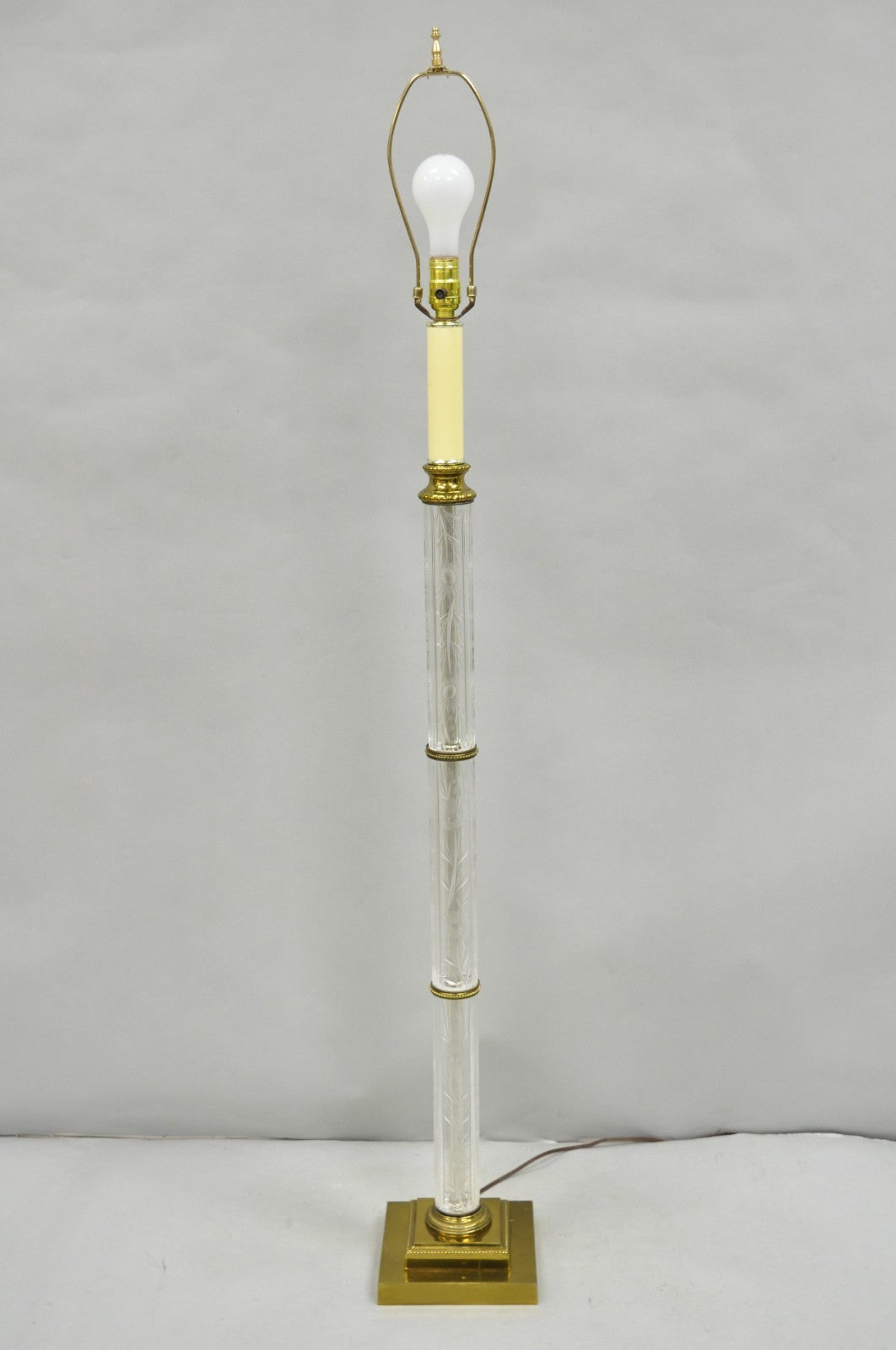 Vintage Neoclassical Style Floral Etched Glass Column Brass Reading Floor Lamp
