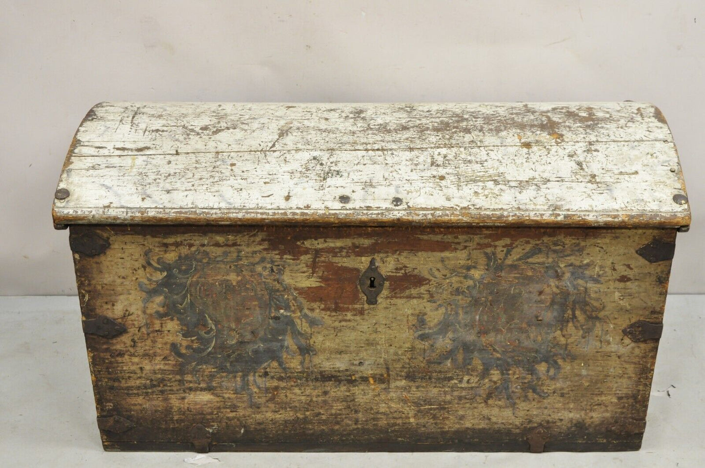 Antique European Painted Large Wooden Dome Top Sea Trunk Treasure Chest