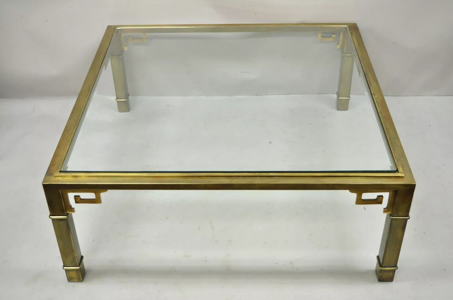 Vintage Mastercraft Brass Greek Key Glass Top Large Square 42" Coffee Table