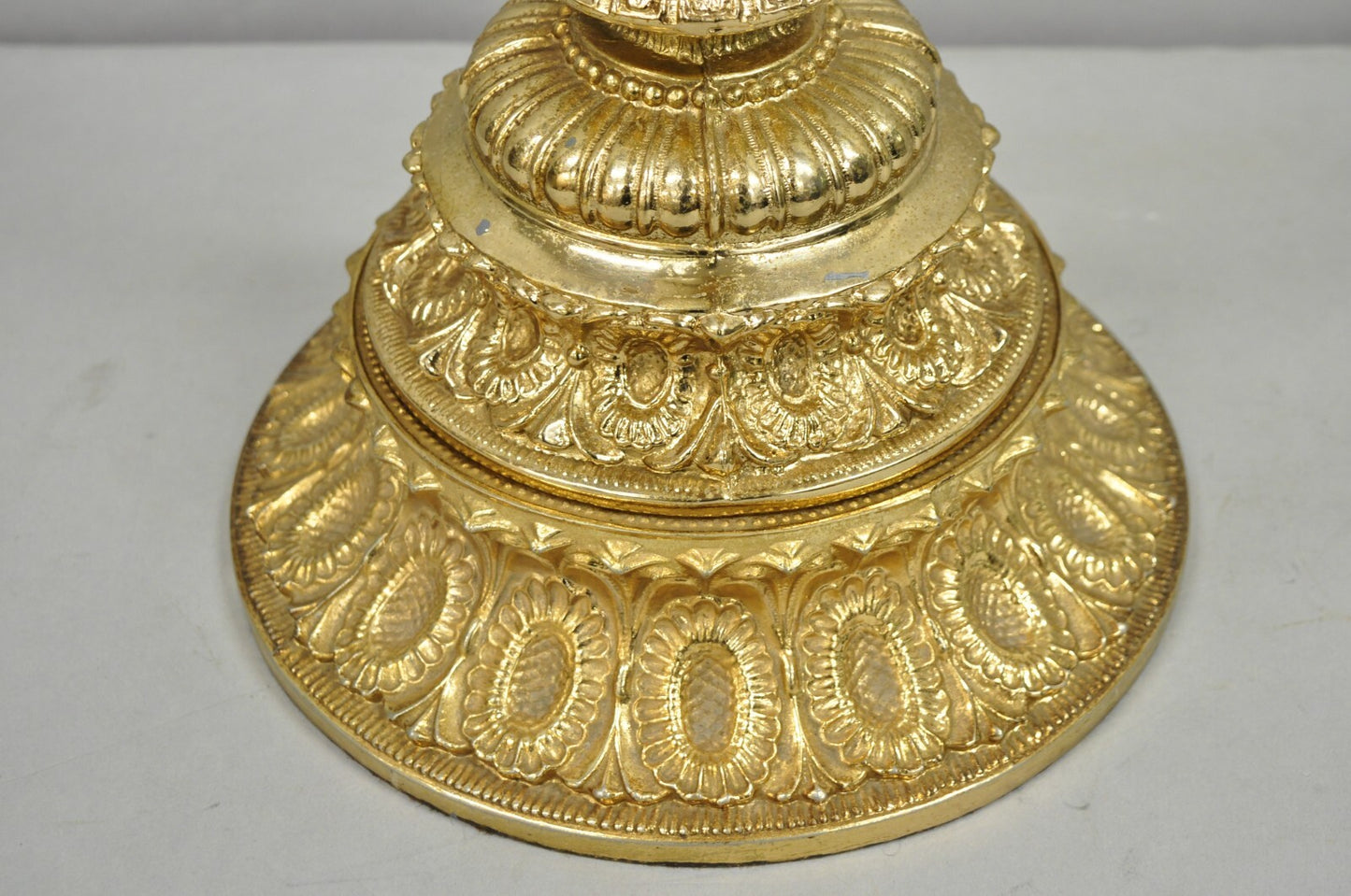 Vintage Hollywood Regency Gold Tall Candlestick Lantern Tulip Shade Table Lamp