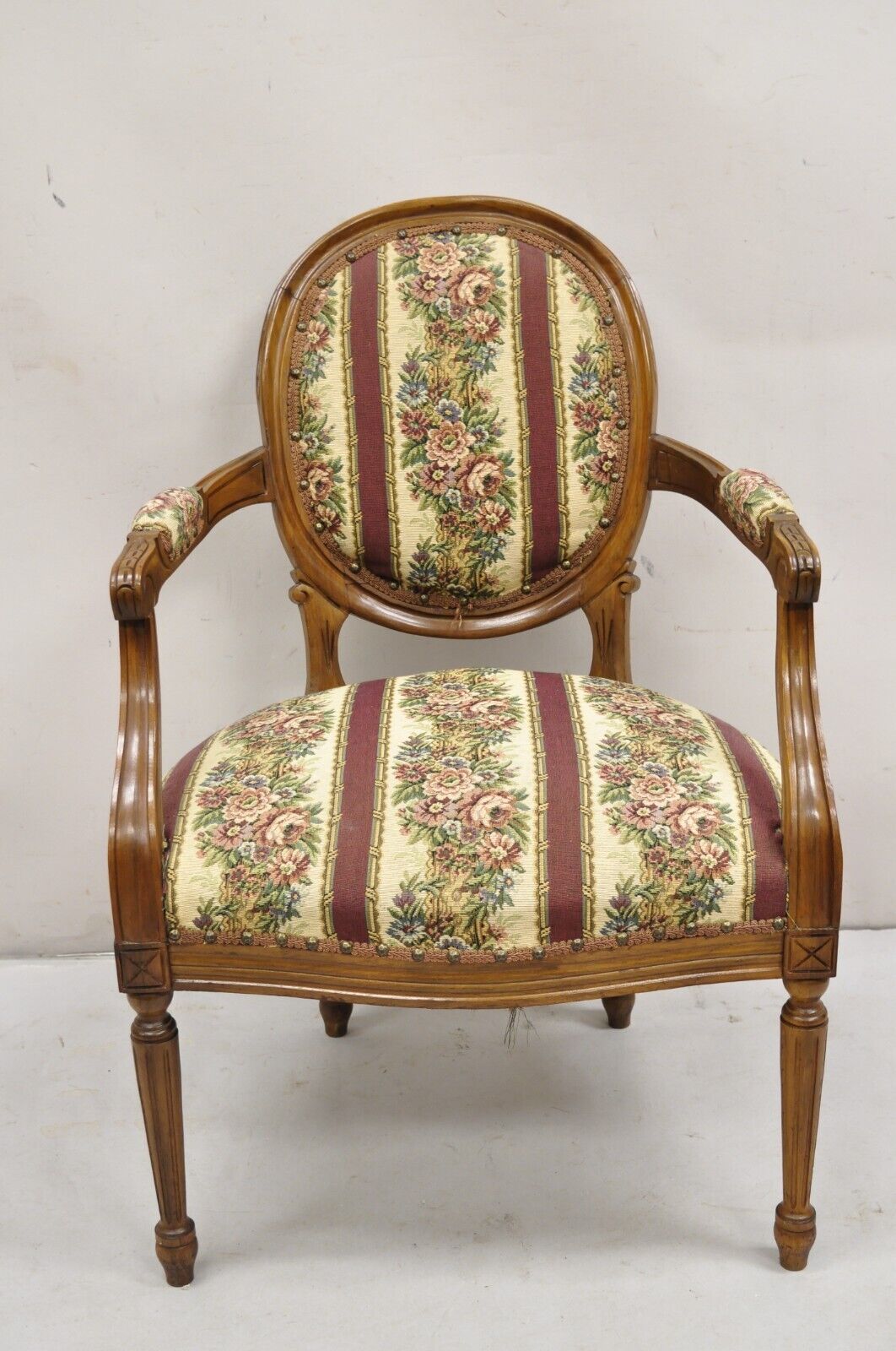 Vintage JB Van Sciver French Louis XV Style Carved Walnut Upholstered Arm Chair