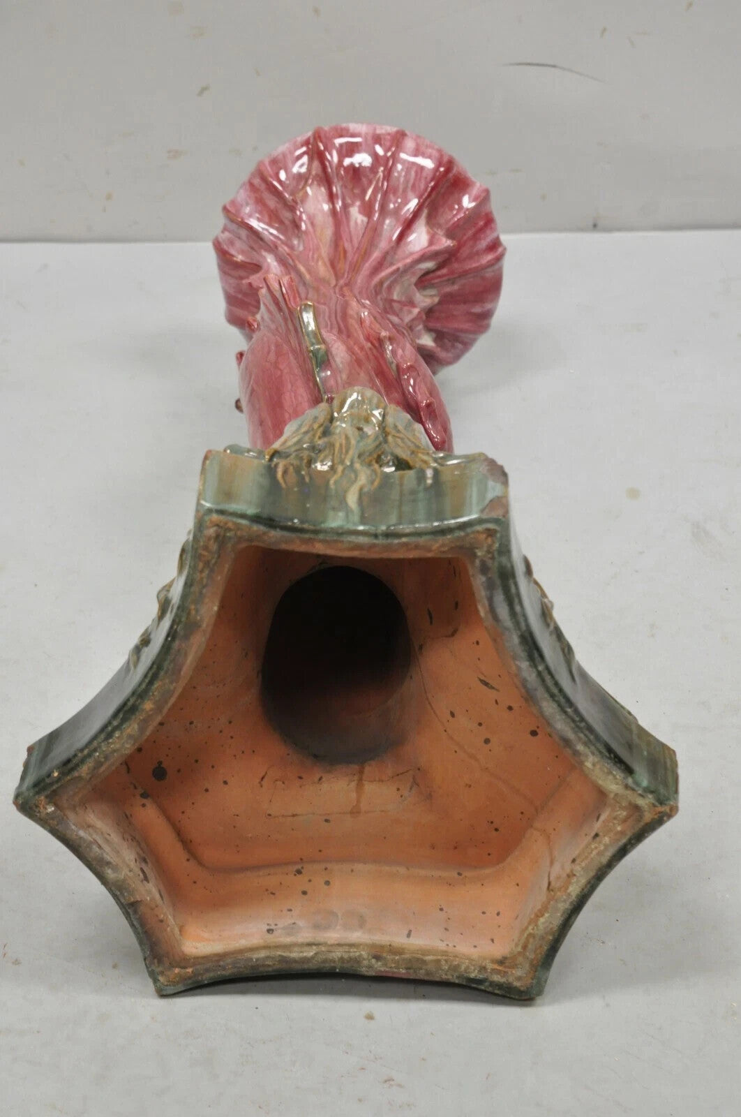 Antique Majolica Terracotta Pottery Dolphin Serpent Pink Plant Stand Pedestal