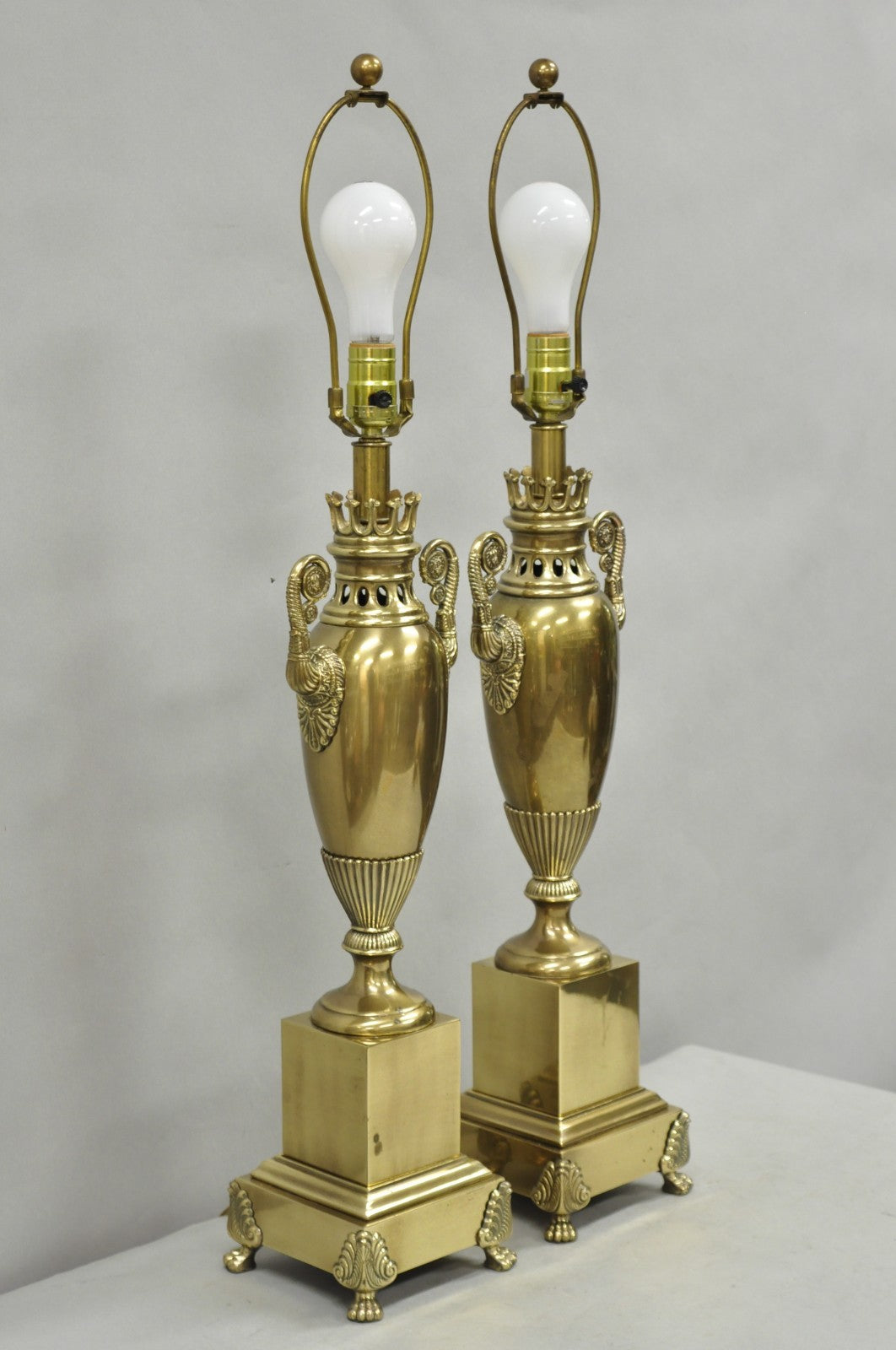 Vintage French Empire Neoclassical Brass Urn Form Table Lamps by Tyndale - Pair