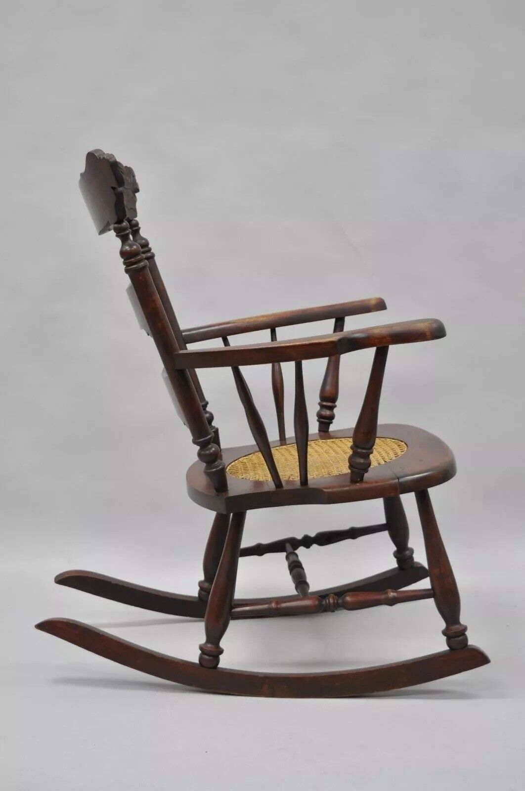 Antique Victorian Carved Mahogany Figural Eagle Cane Seat Rocker Rocking Chair