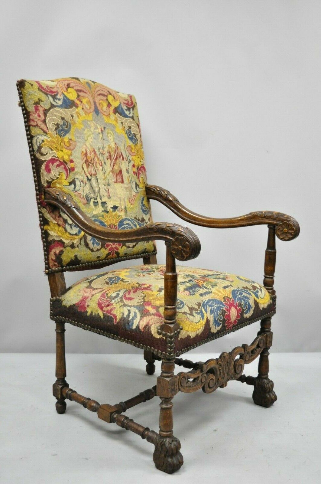 19th C. French Renaissance Needlepoint Upholstery Carved Walnut Throne Arm Chair