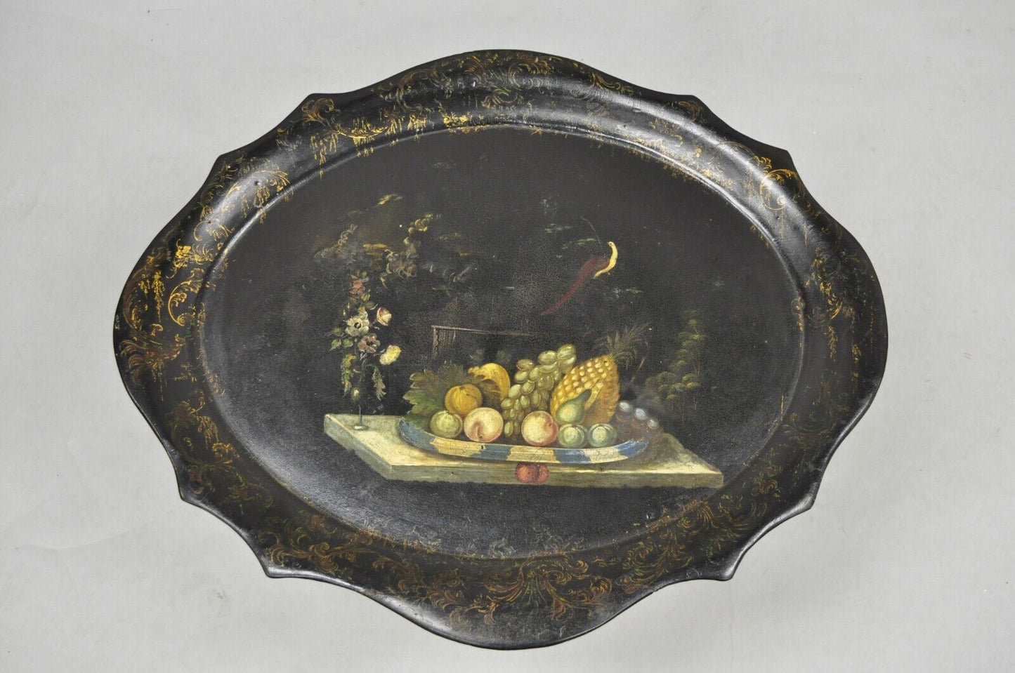 Antique French Papier Mache Tole Hand Painted Fruit Still Life and Bird Tray