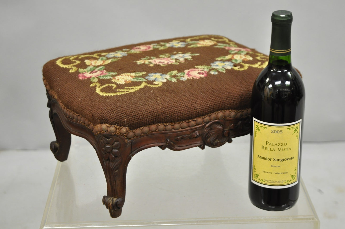 French Country Louis XV Carved Walnut Needlepoint Petite Footstool Ottoman