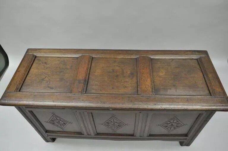 19th C. European Renaissance 3 Panel Solid Oak Wood Coffer Blanket Chest Trunk