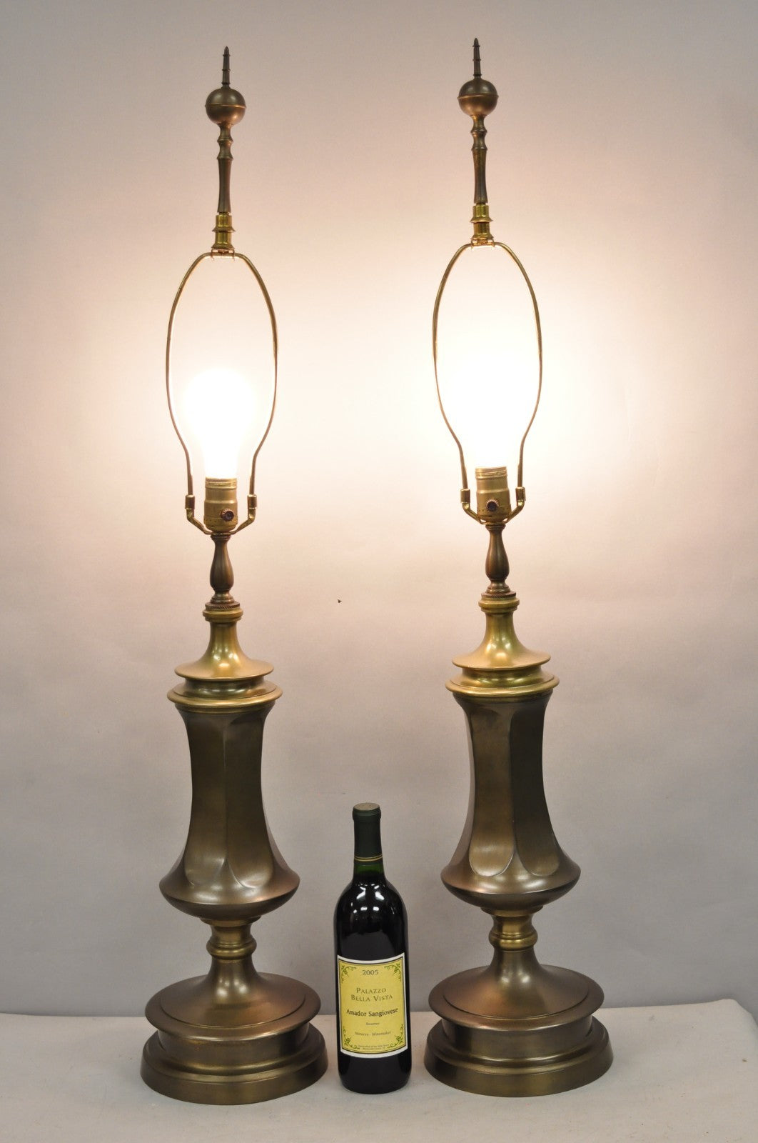 Vintage French Empire Patinated Bronze Brass Column Table Lamps by Wildwood Pair