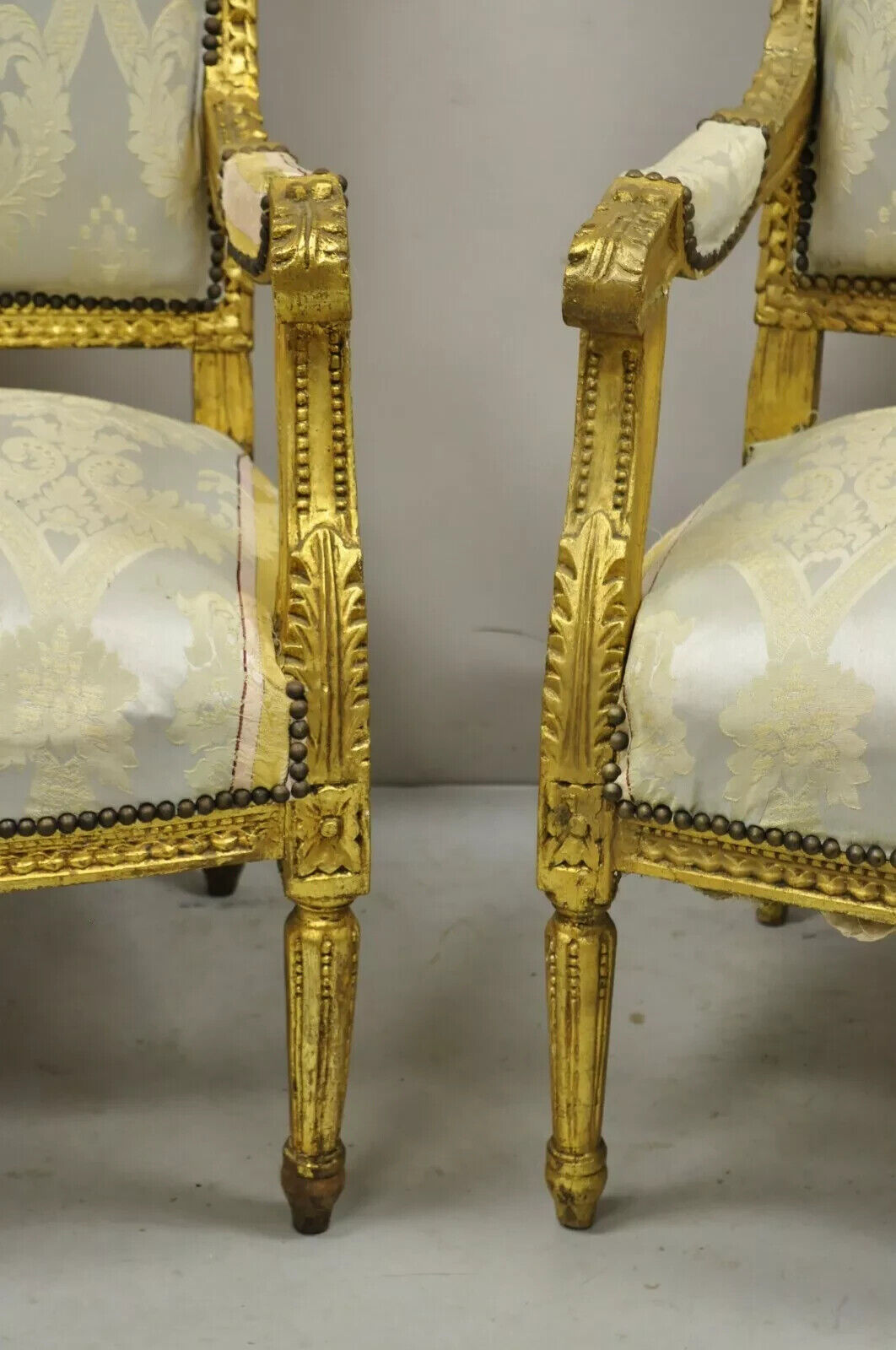 Vintage French Louis XVI Gold Giltwood Upholstered Lounge Chairs (B) - a Pair